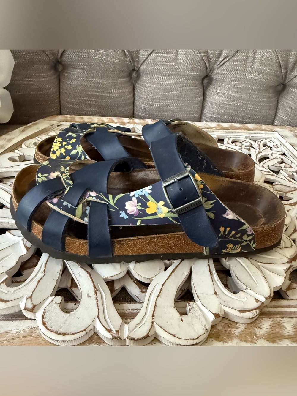 Birkenstock Women's Navy Floral Cork Slide Sandals Shoes Women’s 9